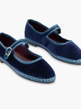 Trovua Blue Velvet Mary Jane Flat with Gold Buckle